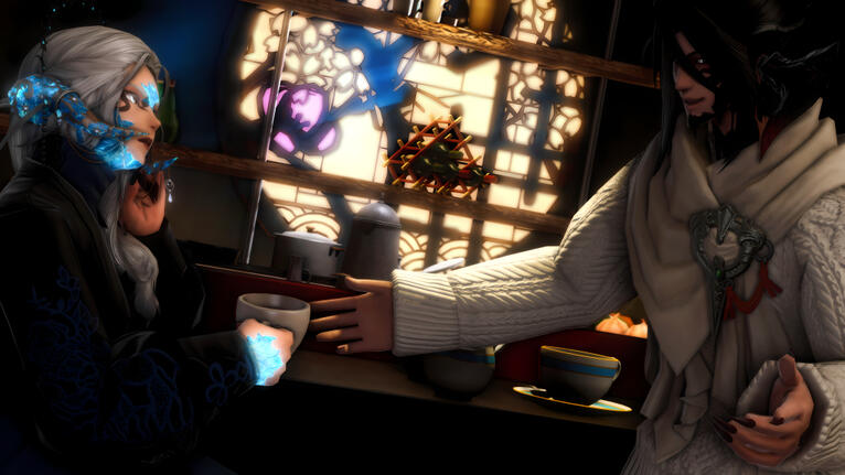 Huxing telling Maeval how great tea is! By: Reza @ vampirenpc on Discord