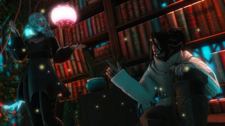 Huxing showing Maeval the library. By: Reza @ vampirenpc on Discord